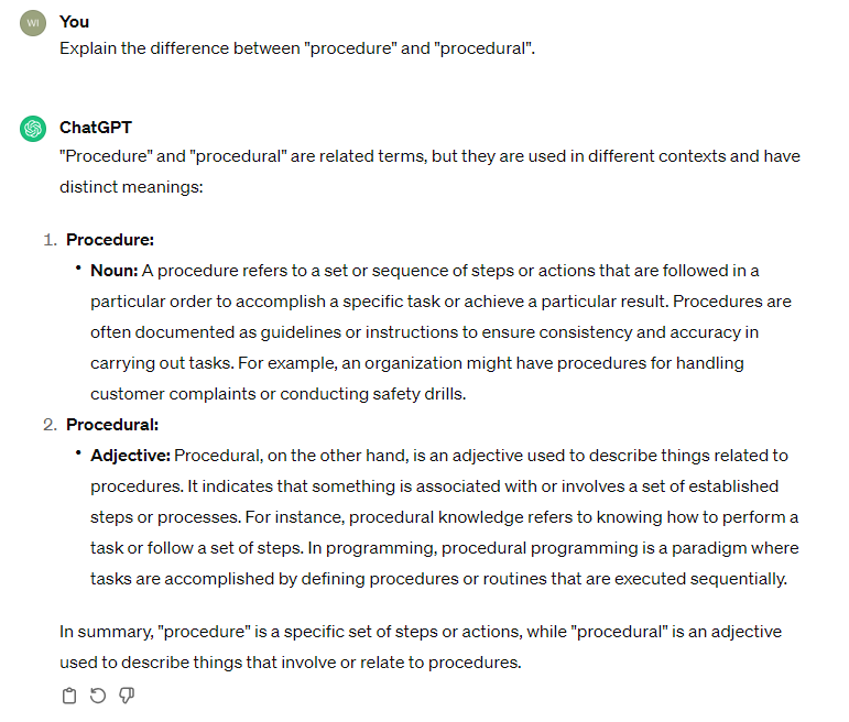 ChatGPT 3.5: "procedure" vs. "procedural"